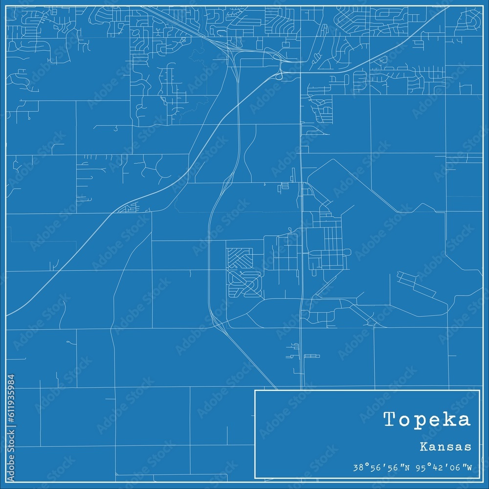 Blueprint US city map of Topeka, Kansas.