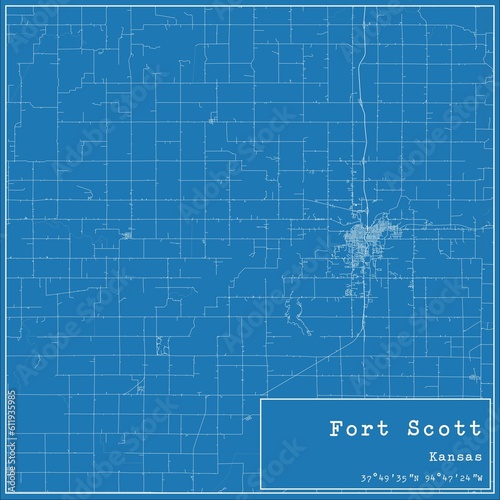 Blueprint US city map of Fort Scott, Kansas.