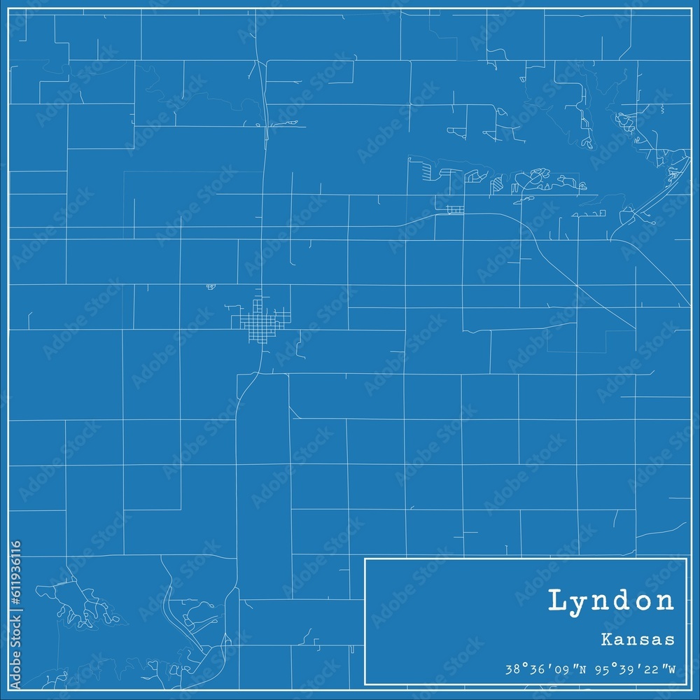 Blueprint US city map of Lyndon, Kansas.