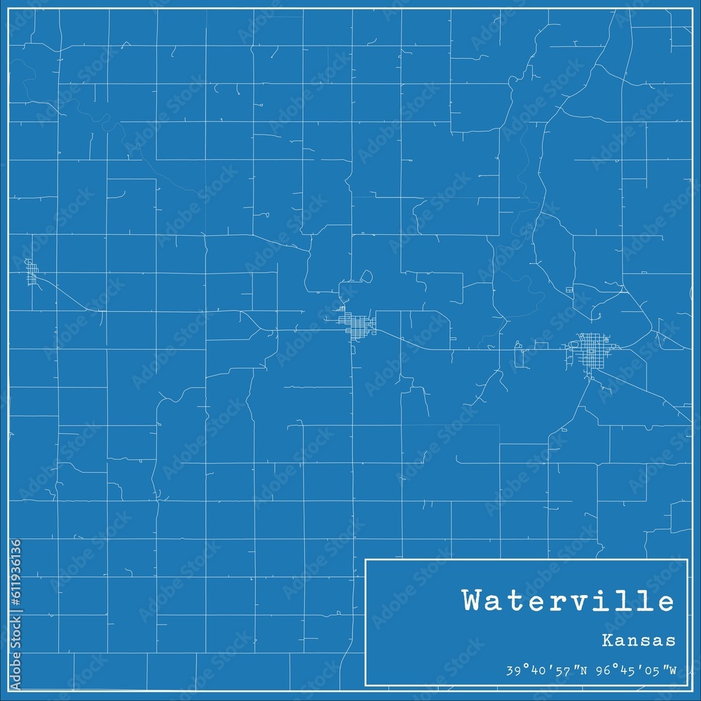 Blueprint US city map of Waterville, Kansas.