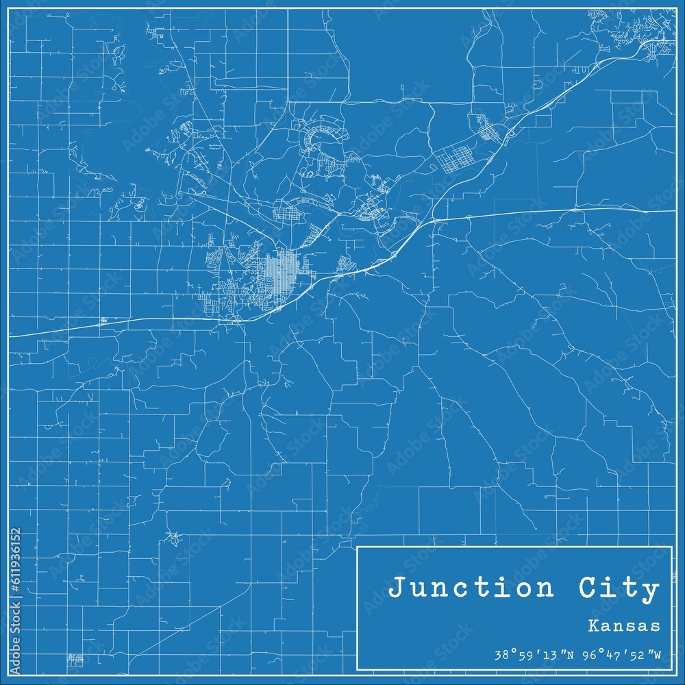 Blueprint US city map of Junction City, Kansas.