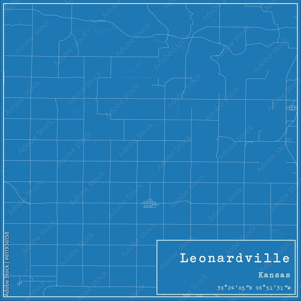 Blueprint US city map of Leonardville, Kansas.