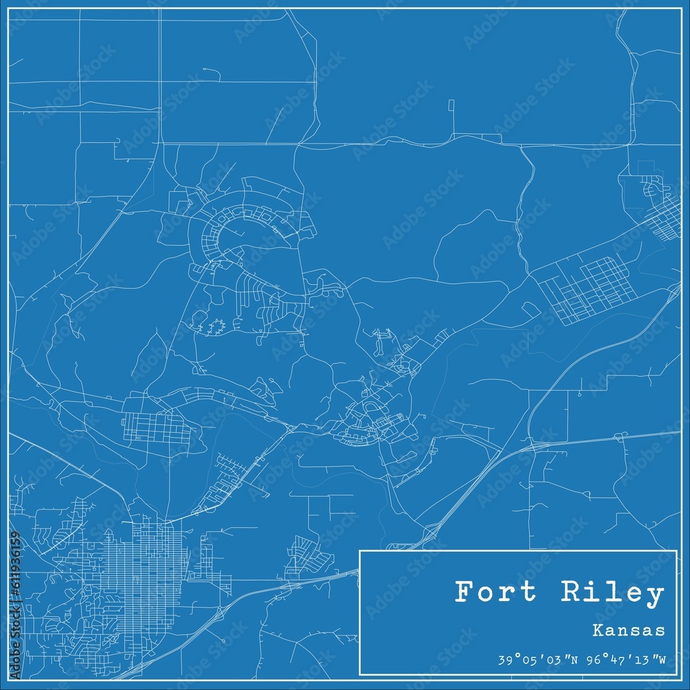 Blueprint US city map of Fort Riley, Kansas.