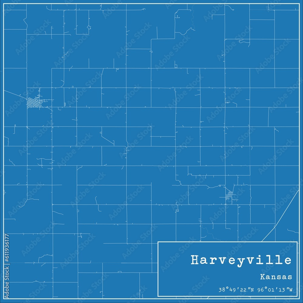 Blueprint US city map of Harveyville, Kansas.