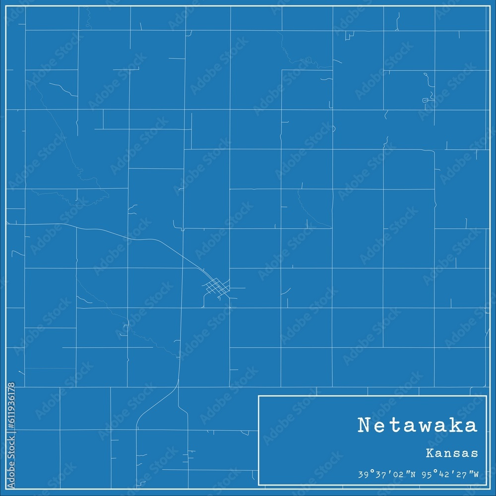 Blueprint US city map of Netawaka, Kansas.