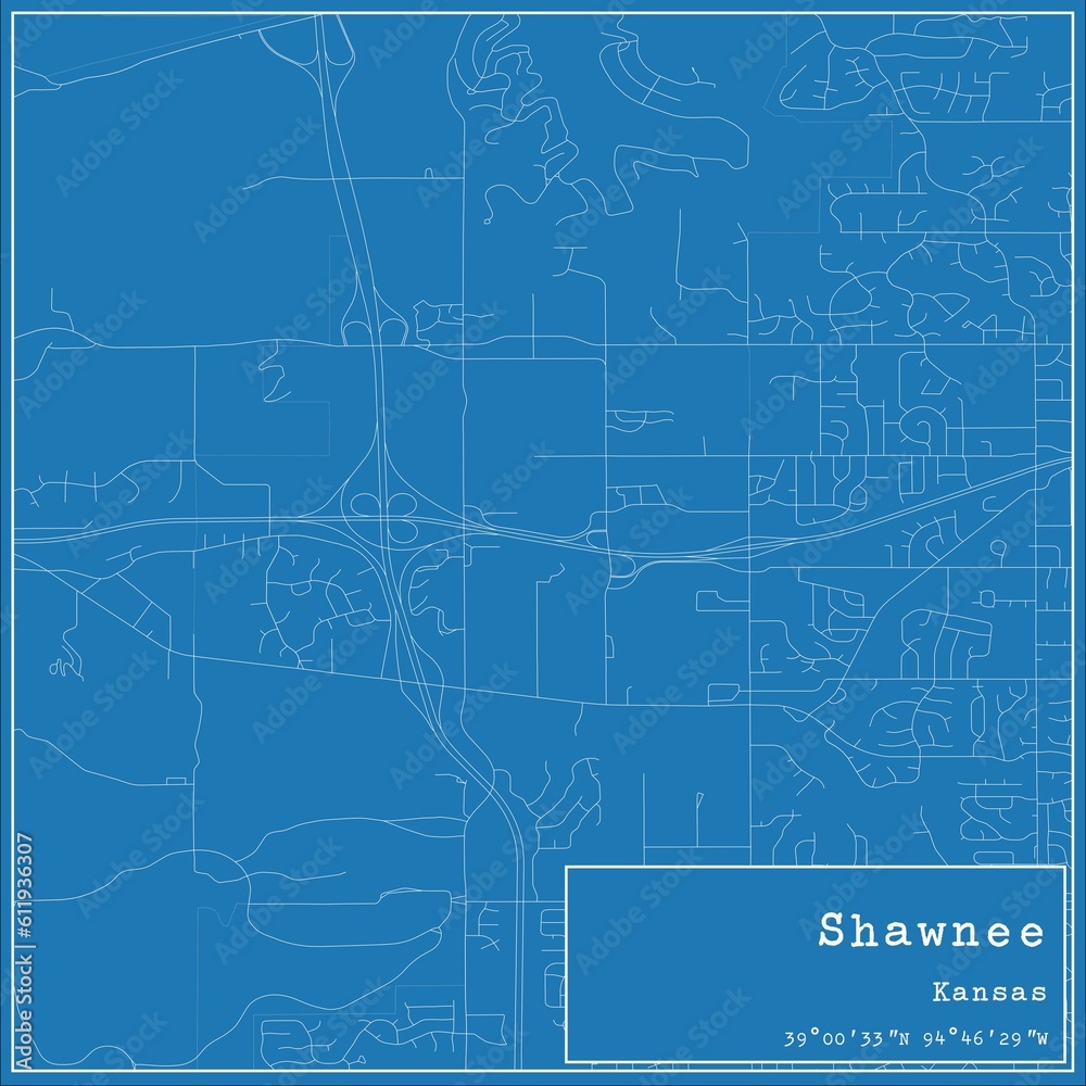 Blueprint US city map of Shawnee, Kansas.