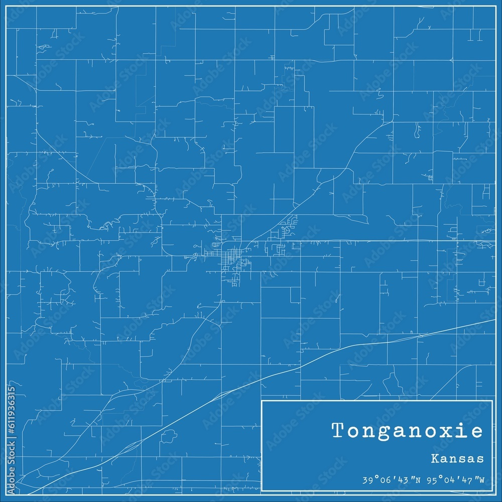 Blueprint US city map of Tonganoxie, Kansas.