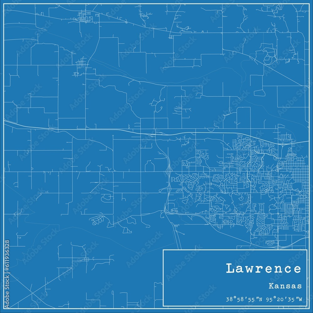 Blueprint US city map of Lawrence, Kansas.