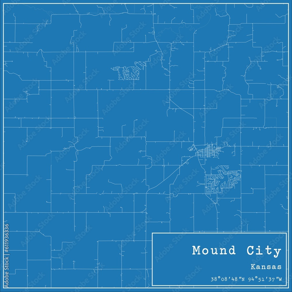 Blueprint US city map of Mound City, Kansas.