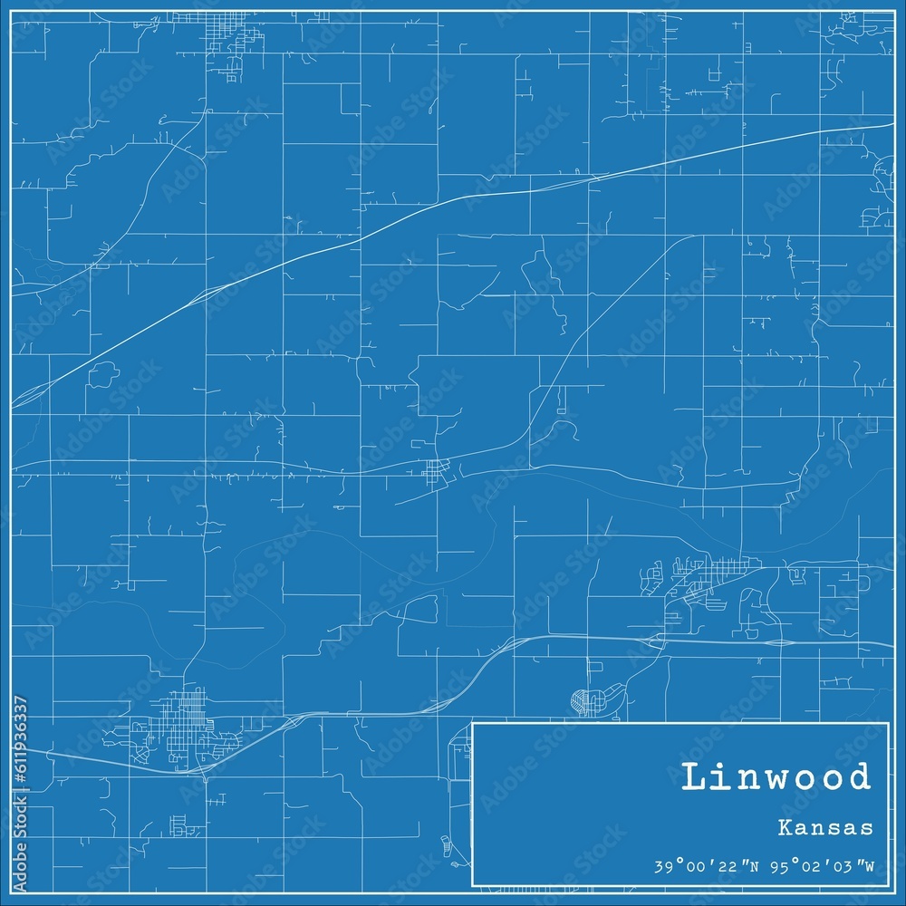 Blueprint US city map of Linwood, Kansas.