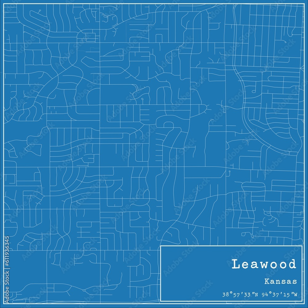 Blueprint US city map of Leawood, Kansas.