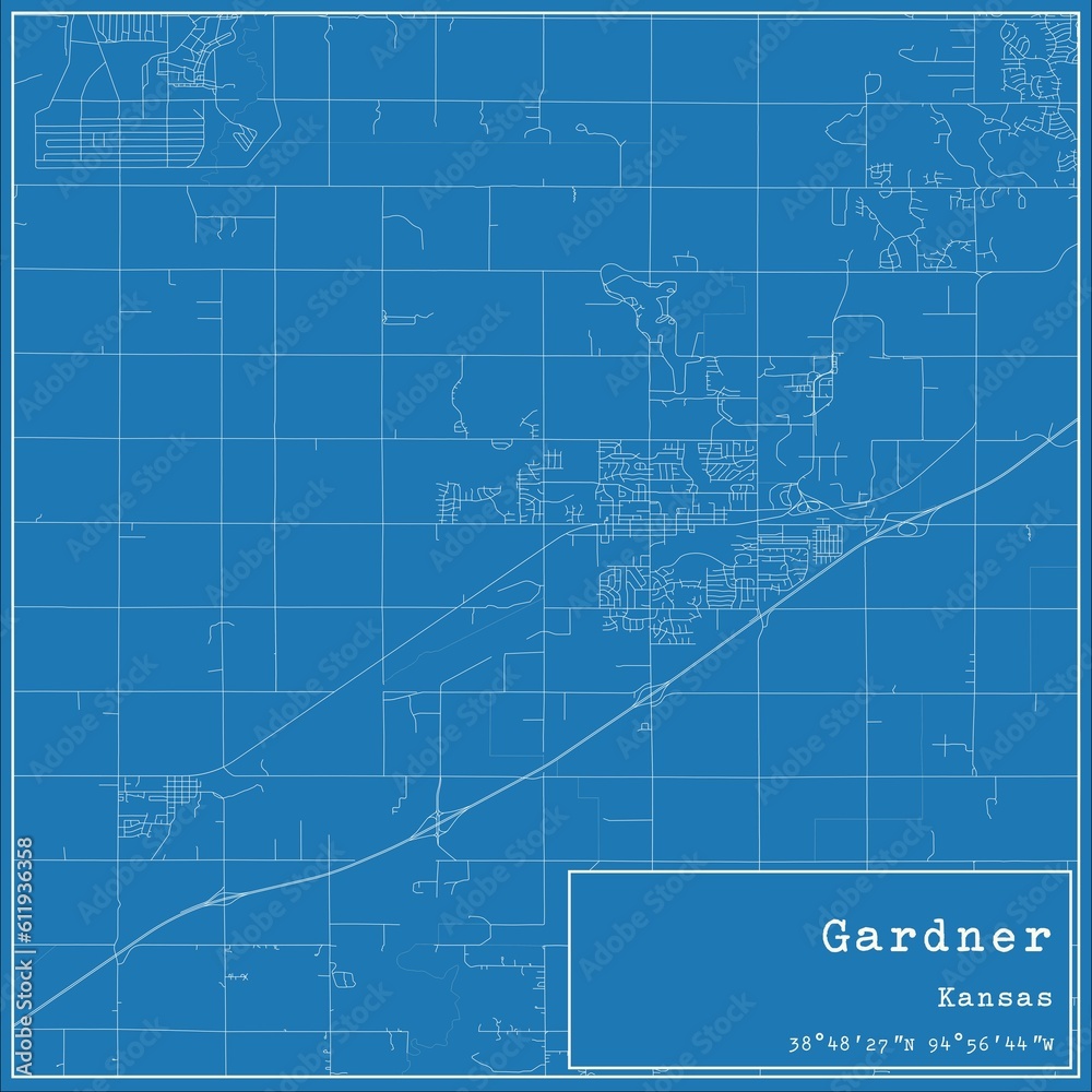 Blueprint US city map of Gardner, Kansas.