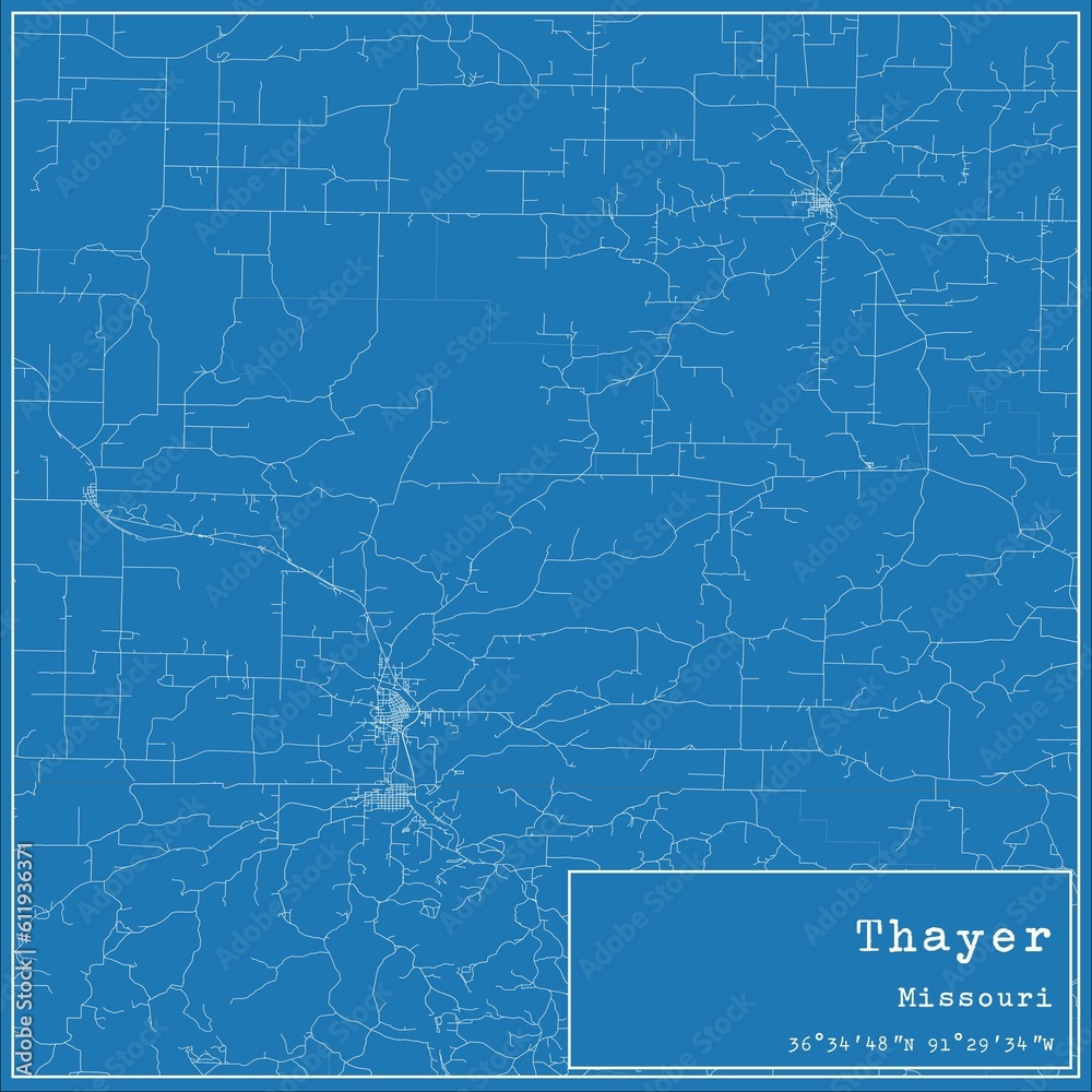 Blueprint US city map of Thayer, Missouri.
