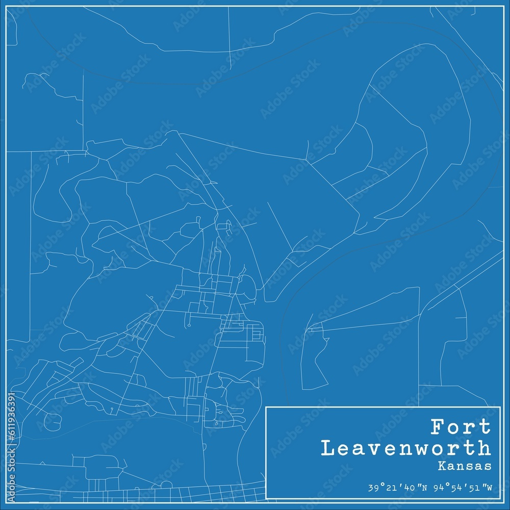 Blueprint US city map of Fort Leavenworth, Kansas.