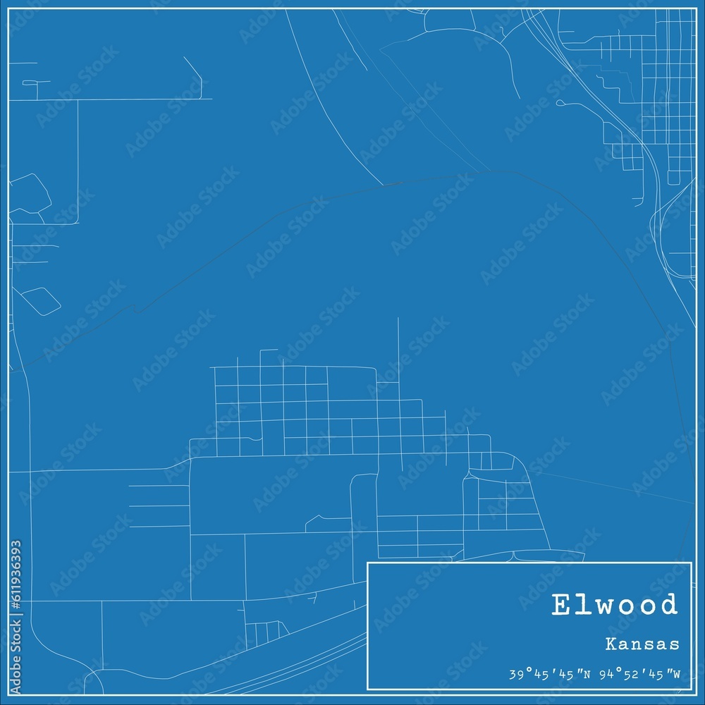 Blueprint US city map of Elwood, Kansas.