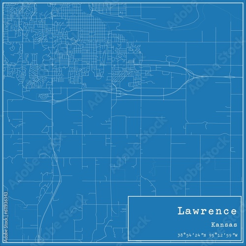 Blueprint US city map of Lawrence, Kansas.