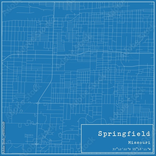 Blueprint US city map of Springfield, Missouri.