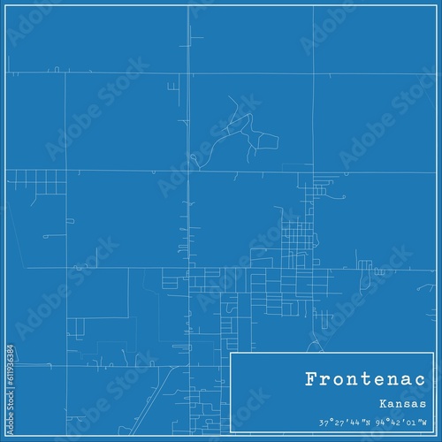 Blueprint US city map of Frontenac, Kansas.