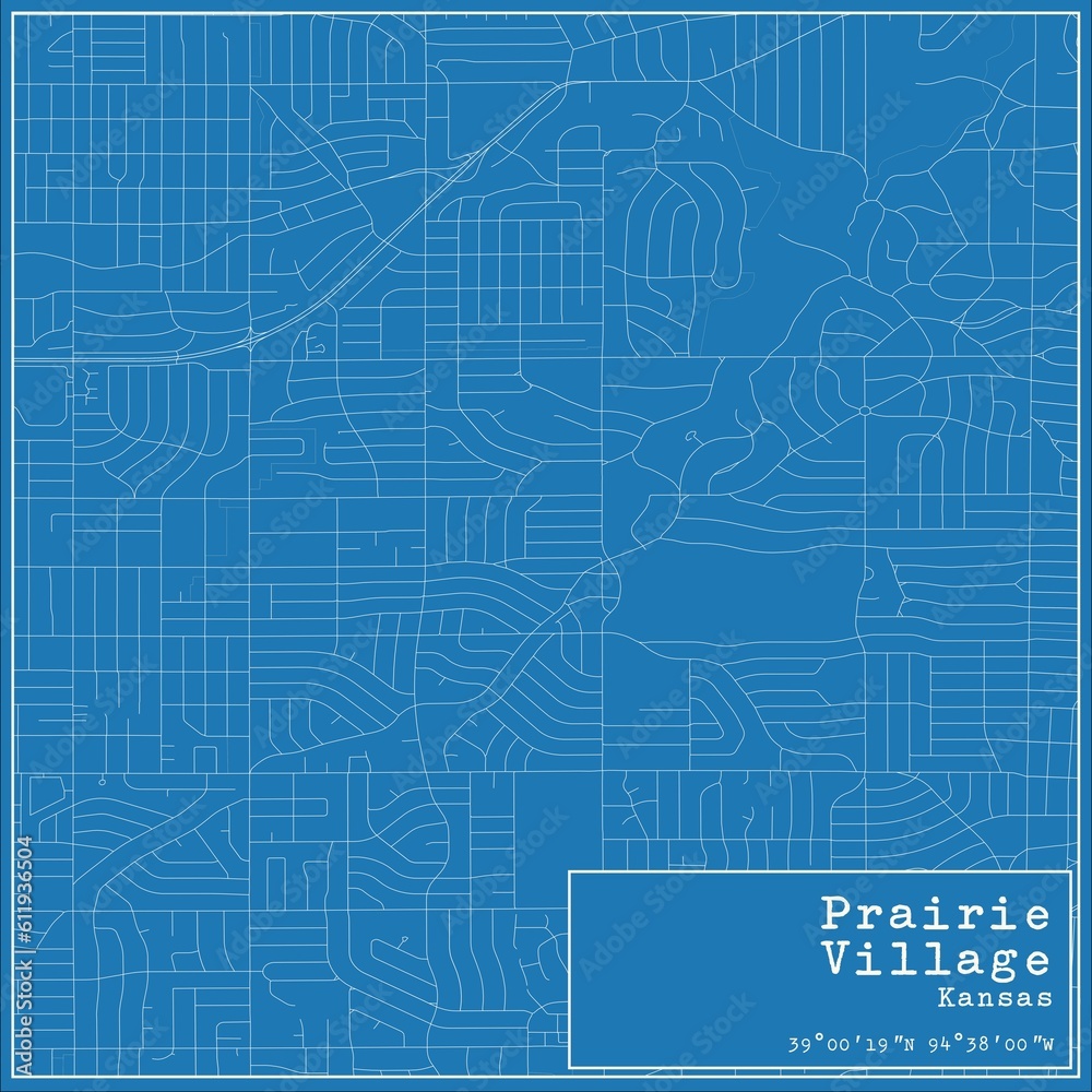 Blueprint US city map of Prairie Village, Kansas.