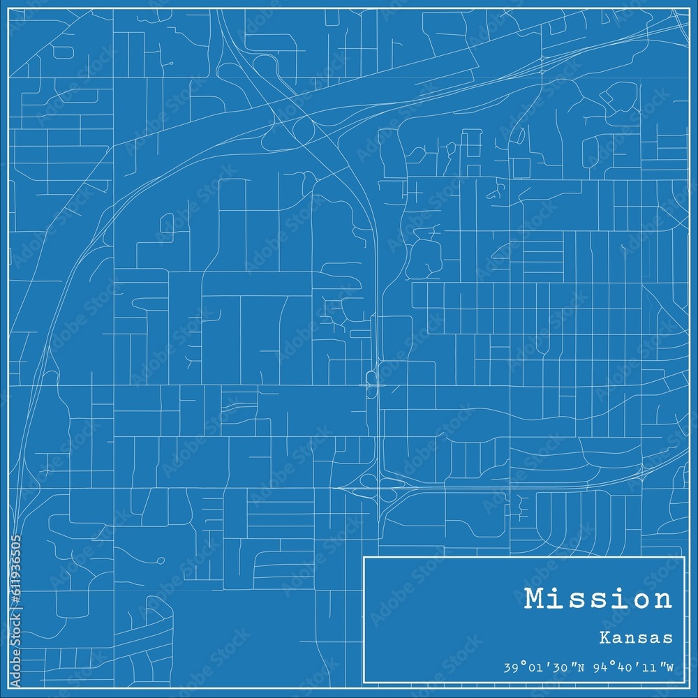 Blueprint US city map of Mission, Kansas.