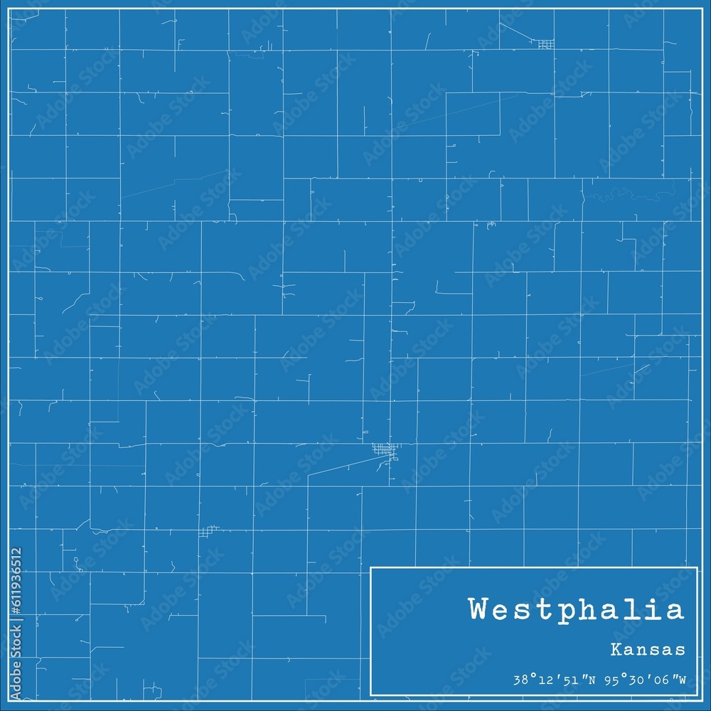 Blueprint US city map of Westphalia, Kansas.