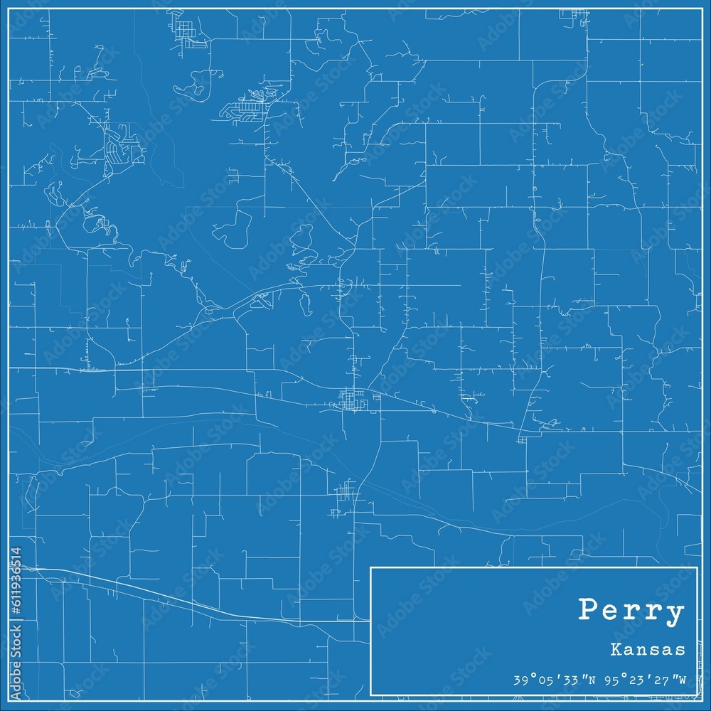 Blueprint US city map of Perry, Kansas.
