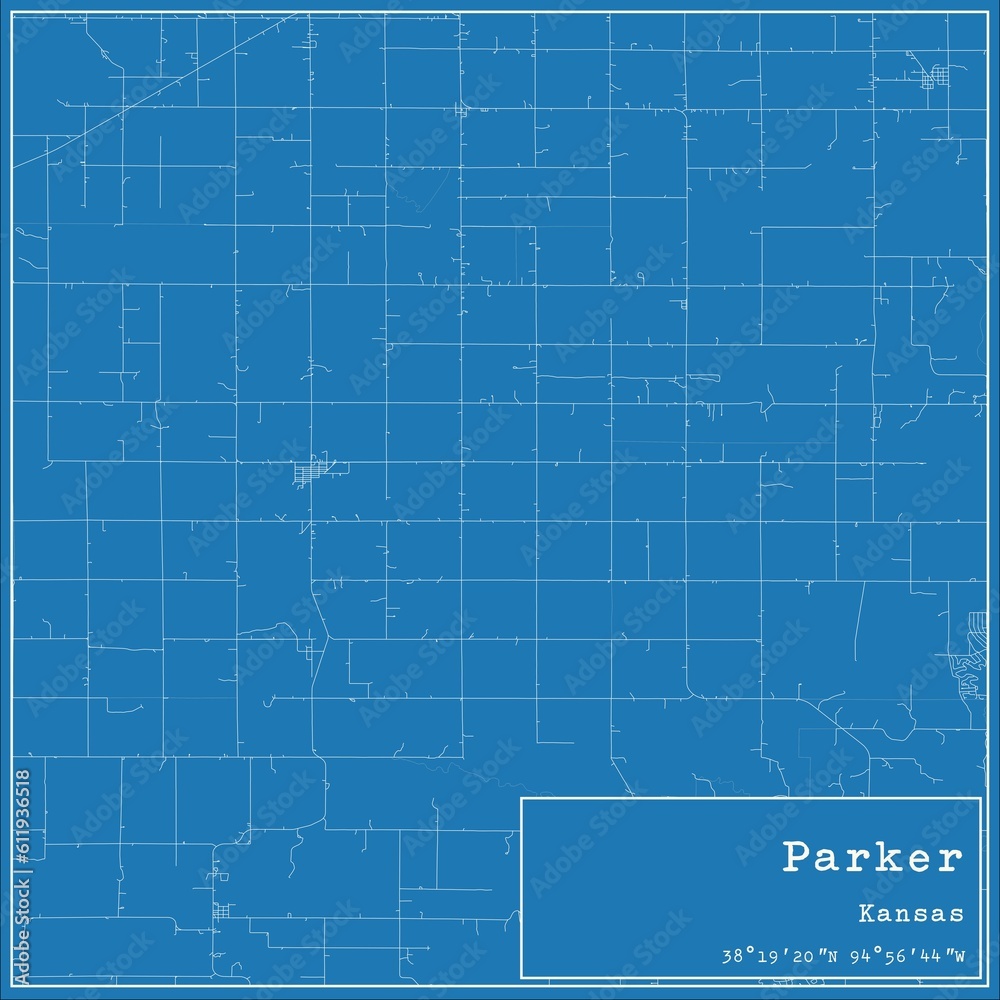 Blueprint US city map of Parker, Kansas.