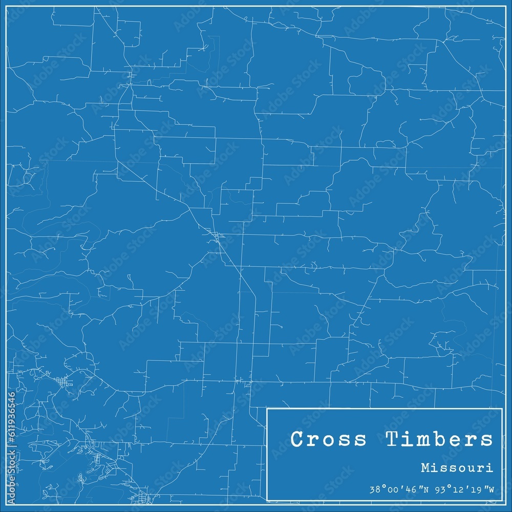Blueprint US city map of Cross Timbers, Missouri.
