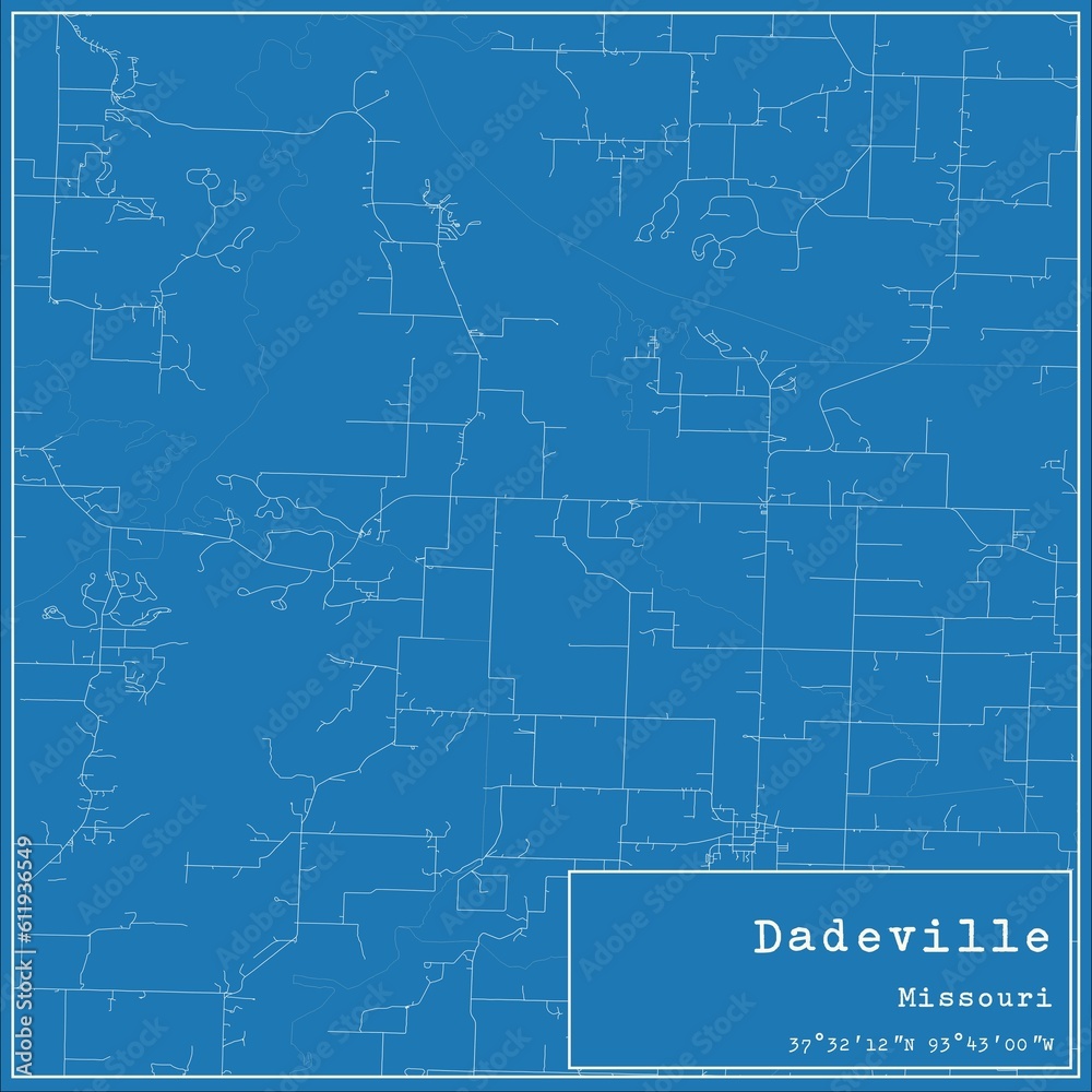 Blueprint US city map of Dadeville, Missouri.