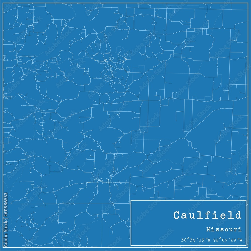 Blueprint US city map of Caulfield, Missouri.