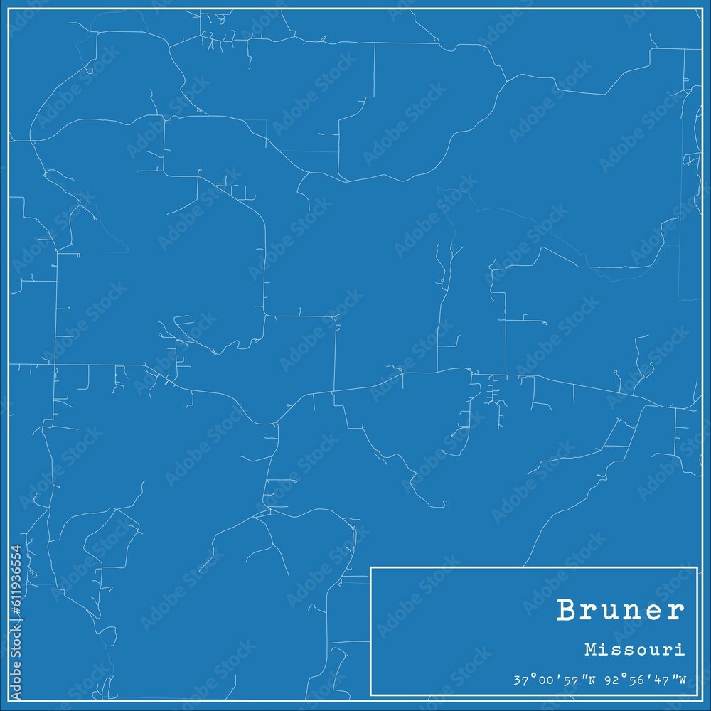 Blueprint US city map of Bruner, Missouri.