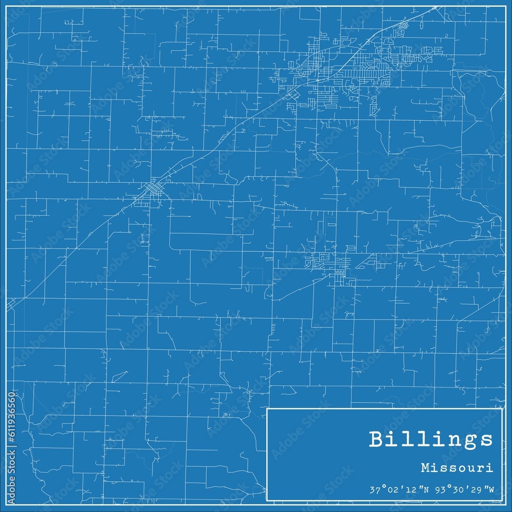 Blueprint US city map of Billings, Missouri.