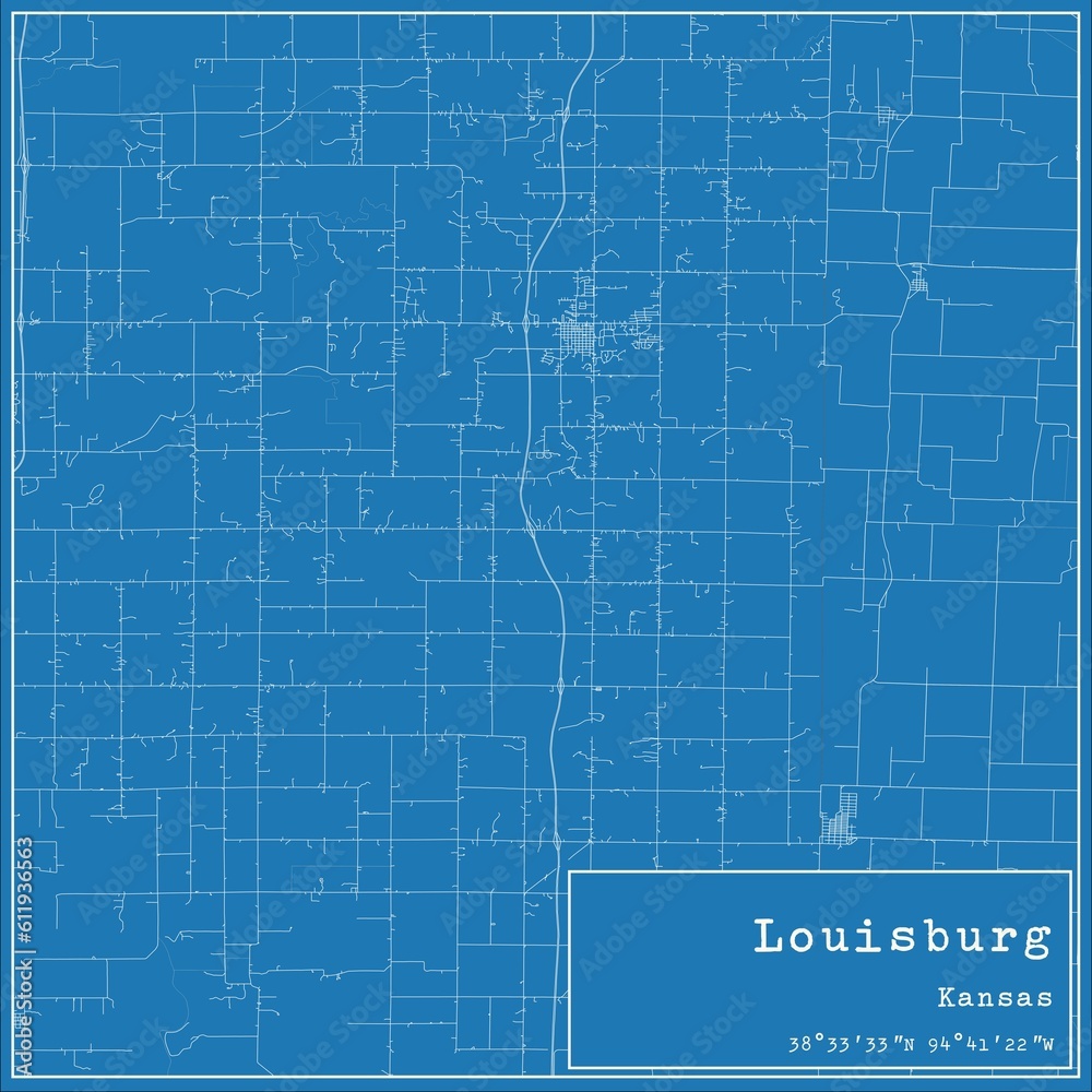 Blueprint US city map of Louisburg, Kansas.