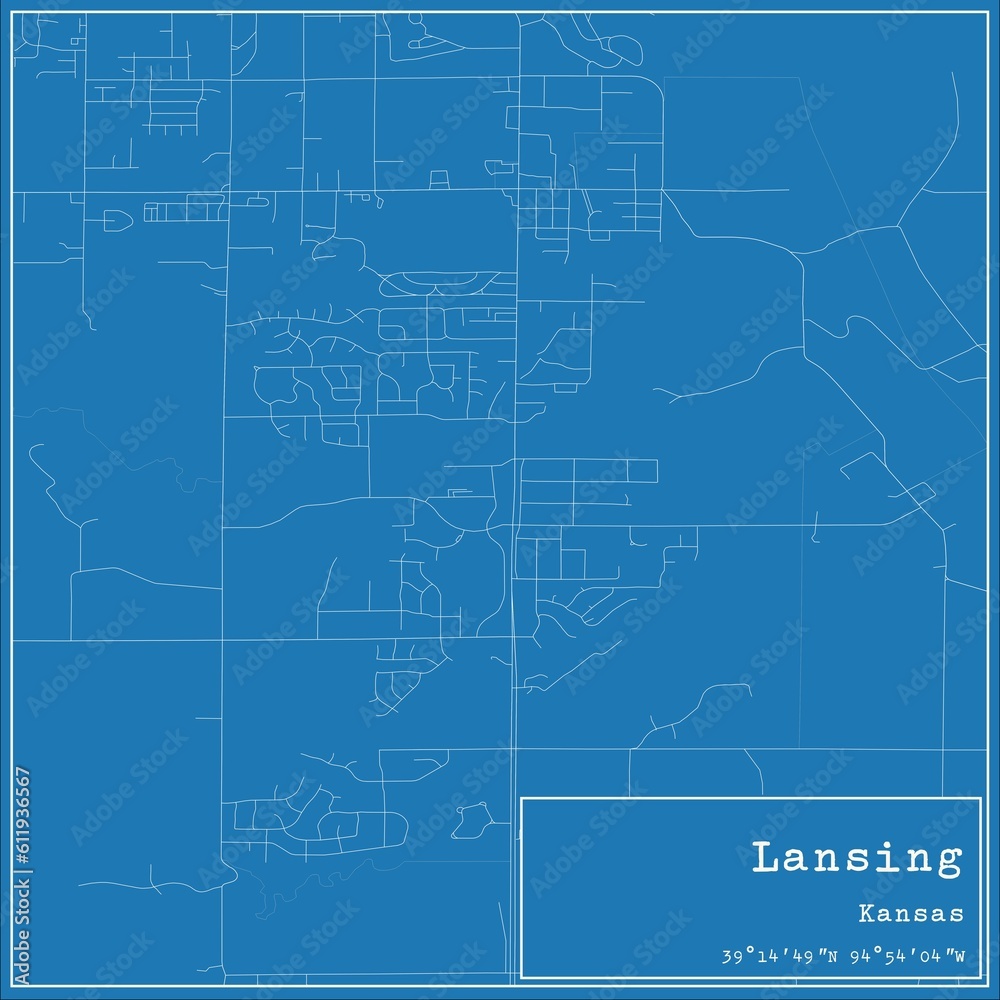 Blueprint US city map of Lansing, Kansas.