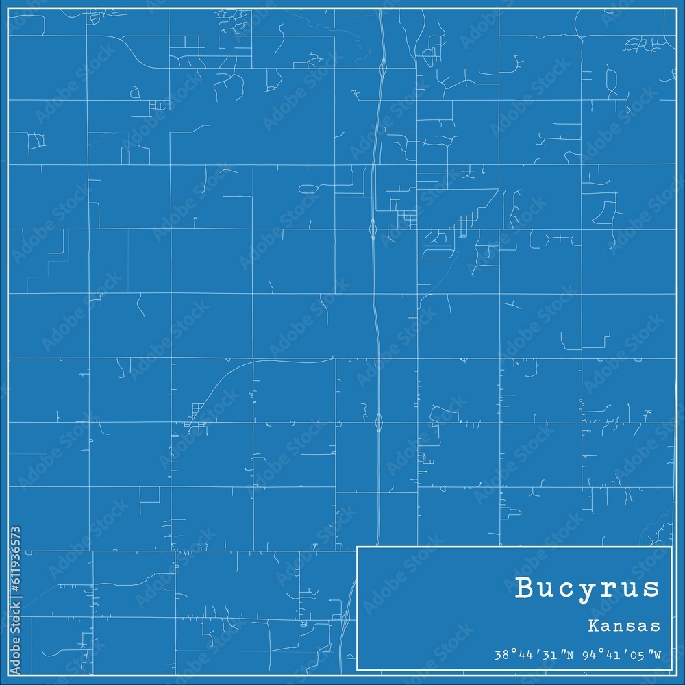 Blueprint US city map of Bucyrus, Kansas.