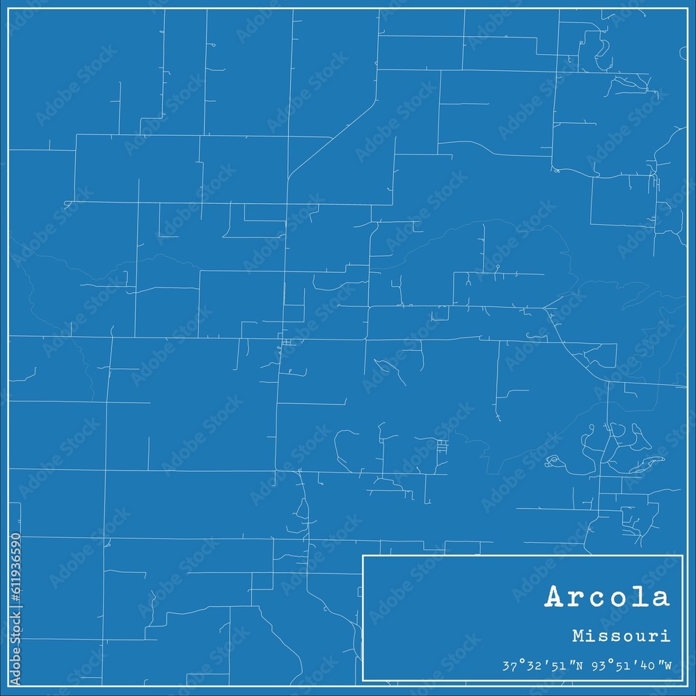 Blueprint US city map of Arcola, Missouri.