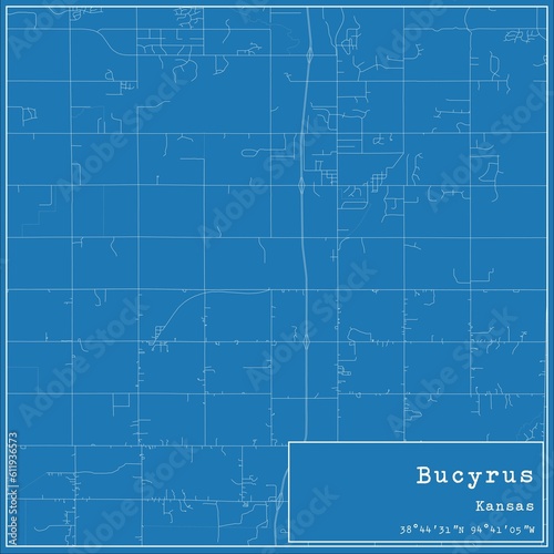 Blueprint US city map of Bucyrus, Kansas.