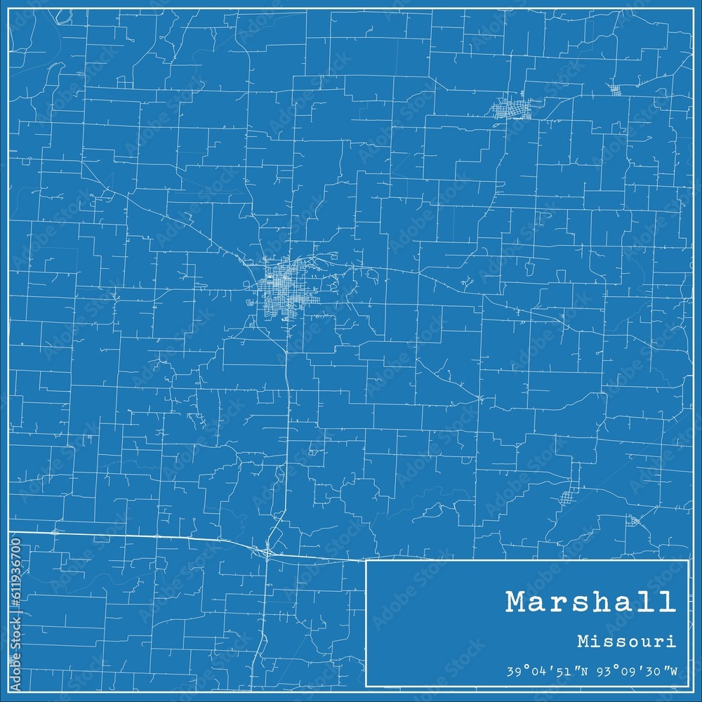 Blueprint US city map of Marshall, Missouri.