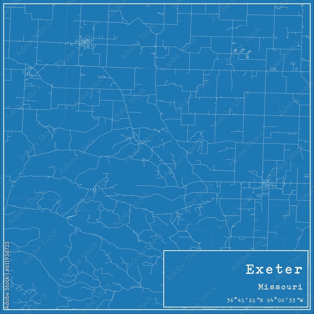 Blueprint US city map of Exeter, Missouri.