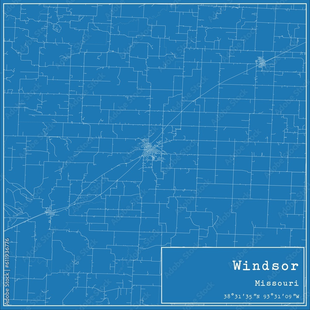 Blueprint US city map of Windsor, Missouri.