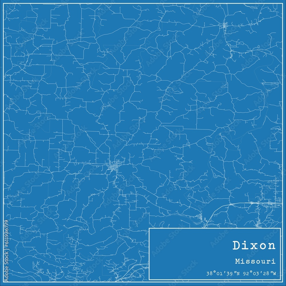 Blueprint US city map of Dixon, Missouri.
