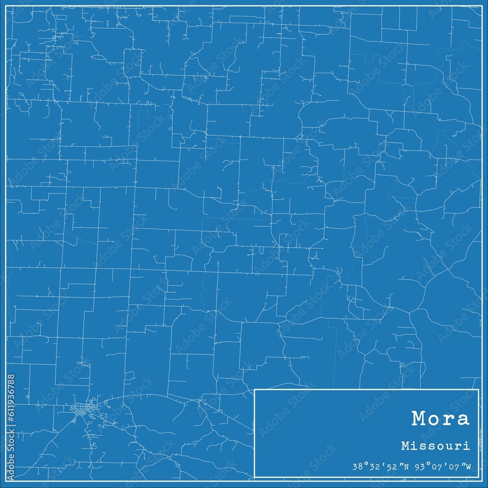 Blueprint US city map of Mora, Missouri.