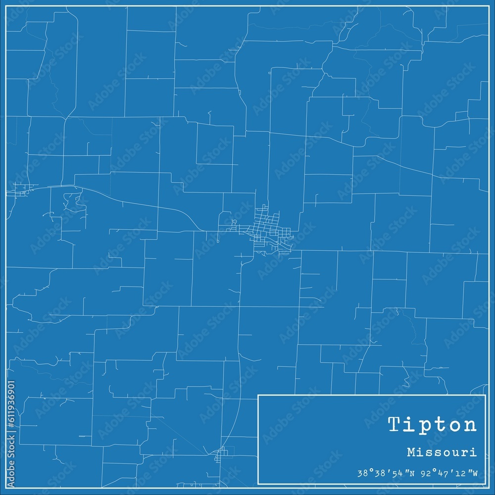 Blueprint US city map of Tipton, Missouri.