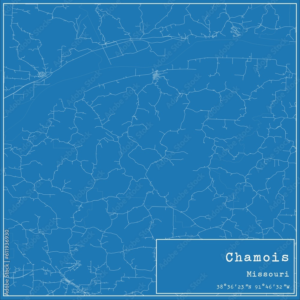 Blueprint US city map of Chamois, Missouri.