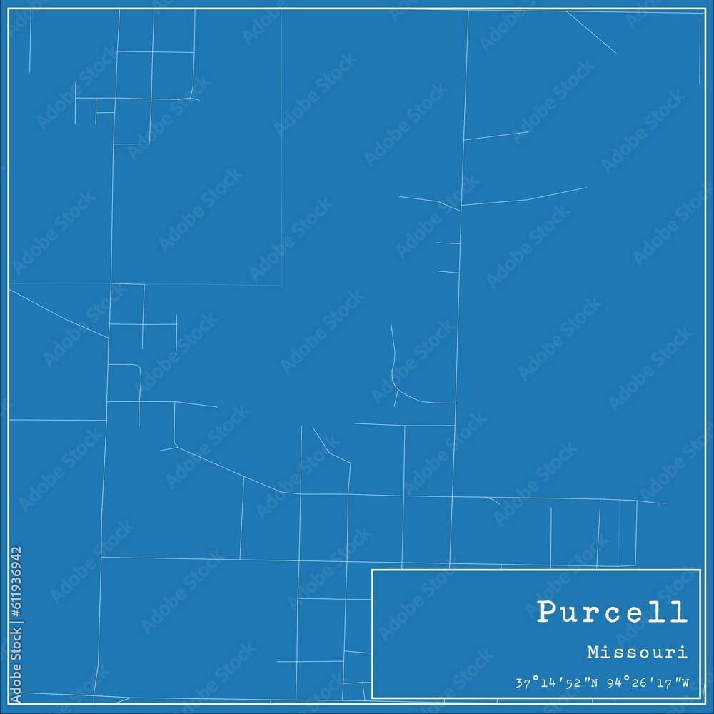 Blueprint US city map of Purcell, Missouri.