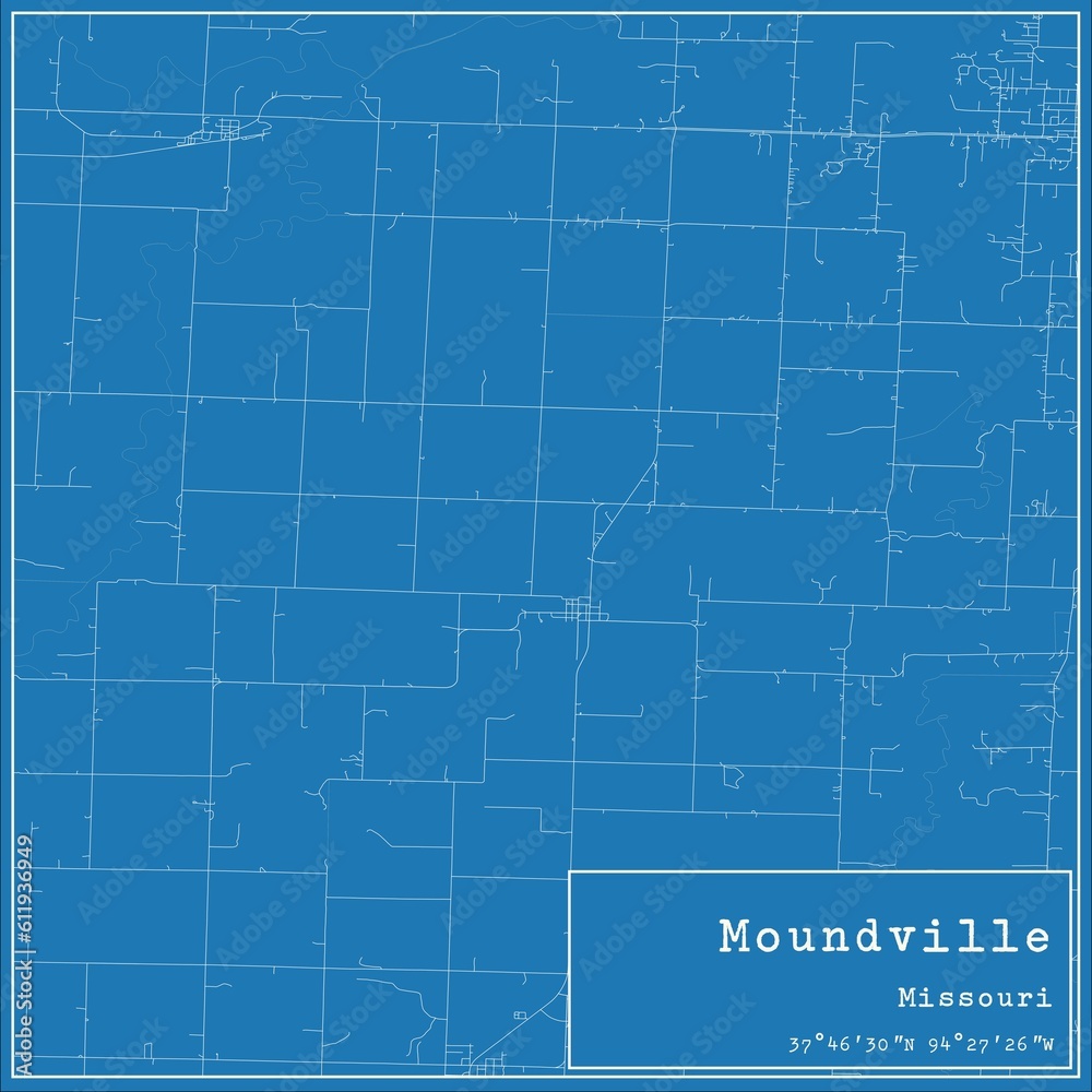 Blueprint US city map of Moundville, Missouri.