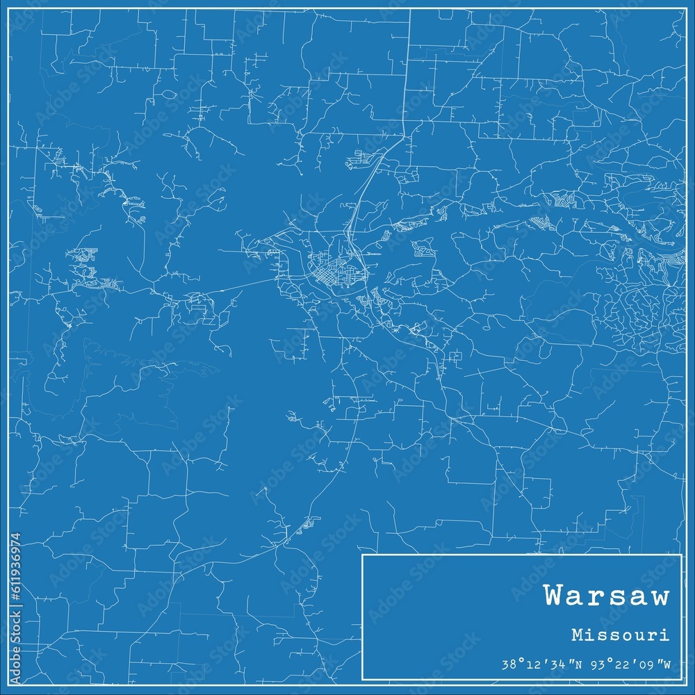 Blueprint US city map of Warsaw, Missouri.