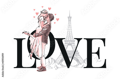 Love poster, wedding in Paris, the groom hugs and dances with the bride, the eiffel tower and a couple in love. Vector fashion sketch banner isolated on white background.