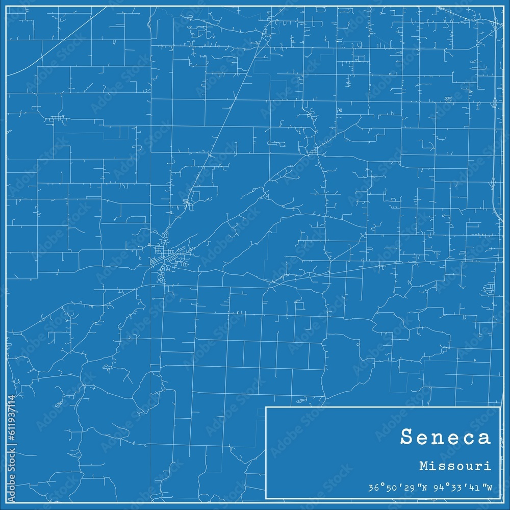 Blueprint US city map of Seneca, Missouri.