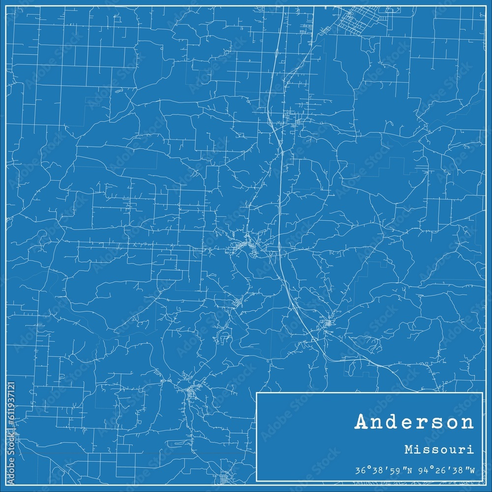 Blueprint US city map of Anderson, Missouri.